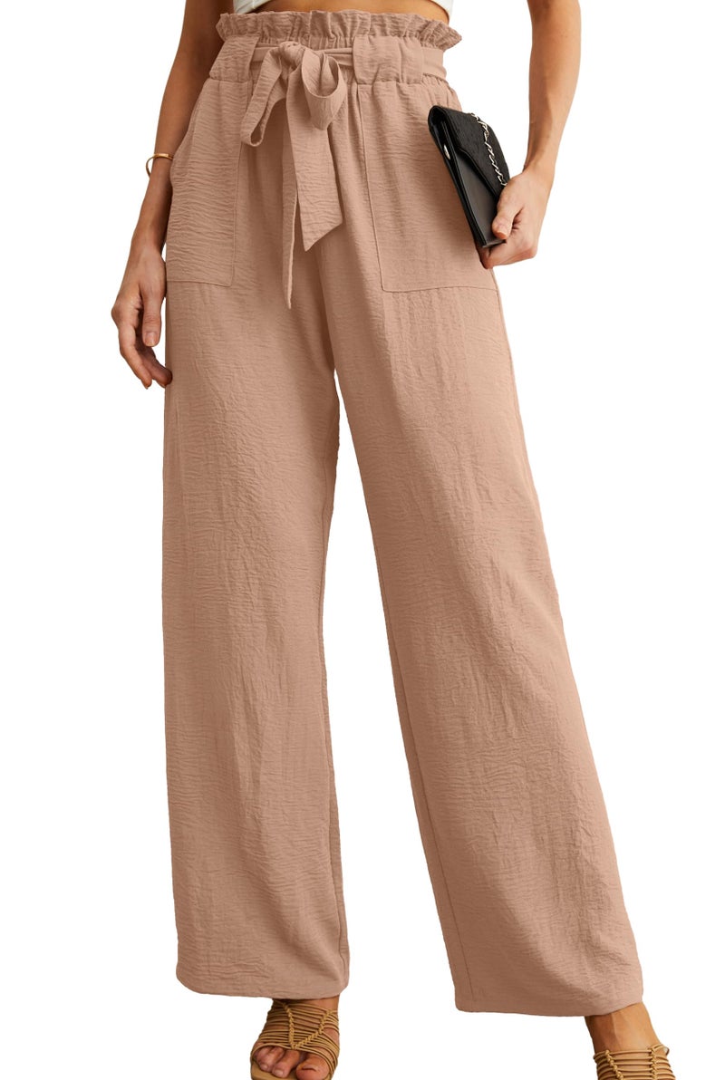 IWOLLENCE Women's Wide Leg Pants with Pockets High Waist Adjustable Knot Loose Casual Trousers Business Work Casual Pants Khaki Medium - Image 1