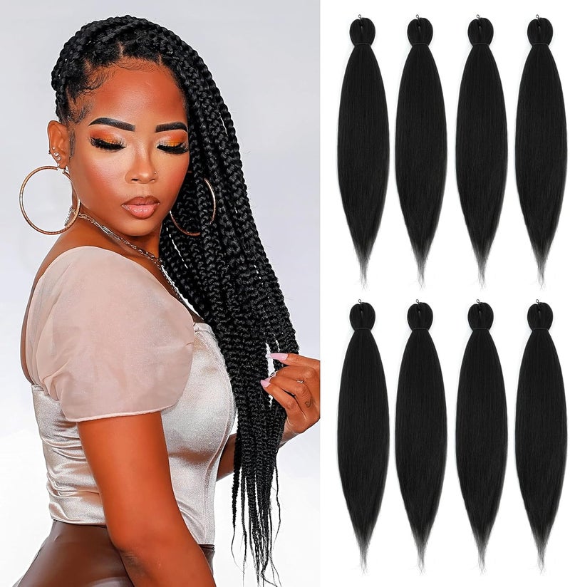 Difunee Pre-stretched Braiding Hair - 24 Inch 8 Packs Natural Black Long Braiding Hair For Twist or Box Braids, Yaki Texture Hot Water Setting Synthetic Crochet Hair Extensions (24 Inch, 1B-8P) - Image 2