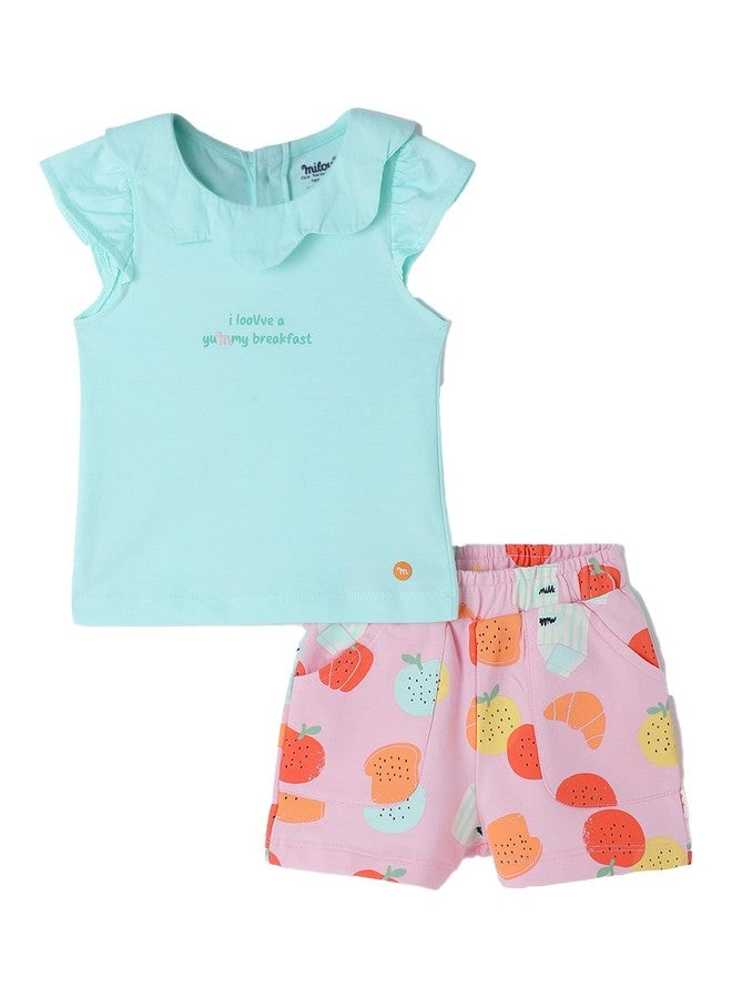 Milou Cotton Self-Designed Top & Shorts Co-ord Set - Aqua & Pink - Image 1