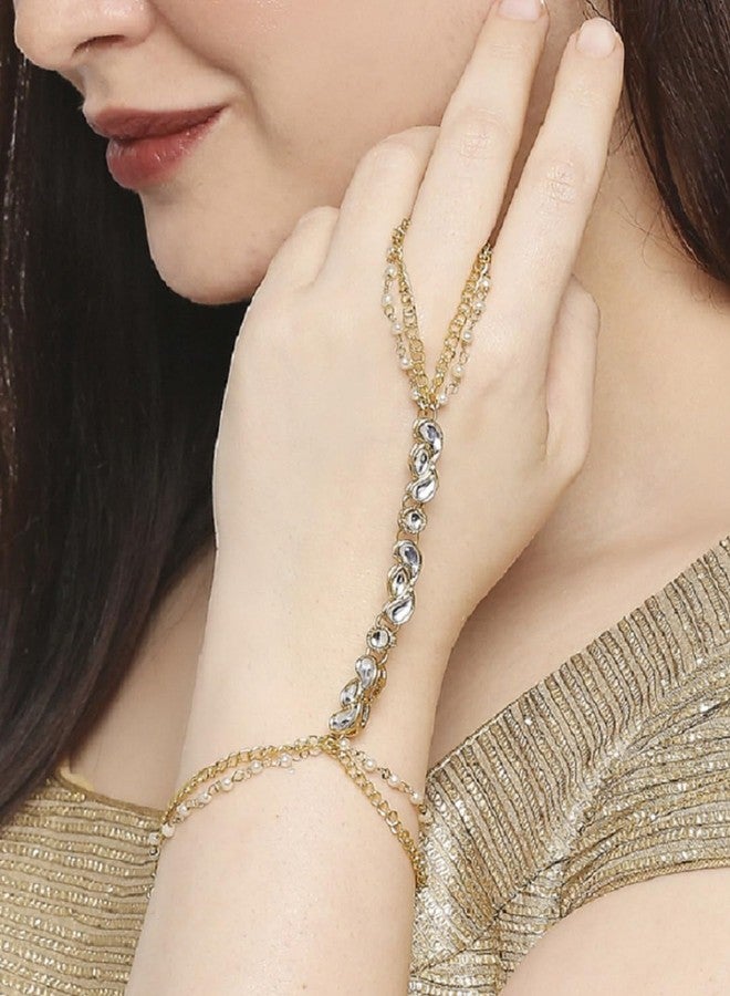 OOMPHelicious Jewellery Gold Tone Kundan & Pearls Floral Ethnic Delicate Bracelet with Ring For Women & Girls Stylish Latest (BDP12_CCR1) - Image 2