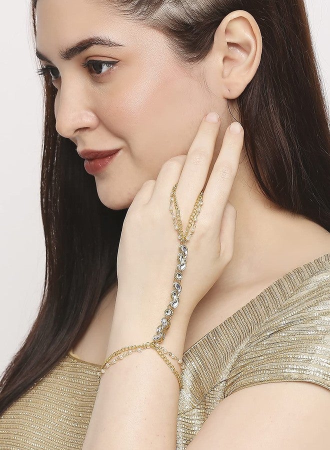 OOMPHelicious Jewellery Gold Tone Kundan & Pearls Floral Ethnic Delicate Bracelet with Ring For Women & Girls Stylish Latest (BDP12_CCR1) - Image 3