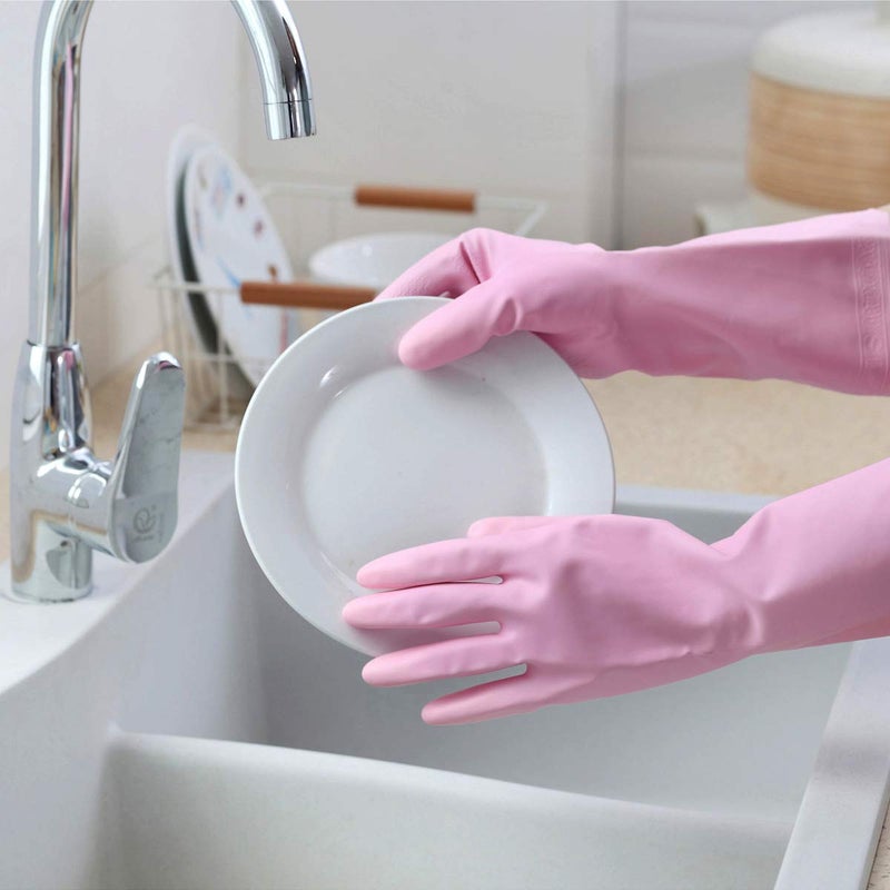 HSL Cleaning Dishwashing Gloves - Household Kitchen Soft Cotton Flock Lining - 2 Pairs Reusable Waterproof Rubber (2 Colors, Medium) - Image 4