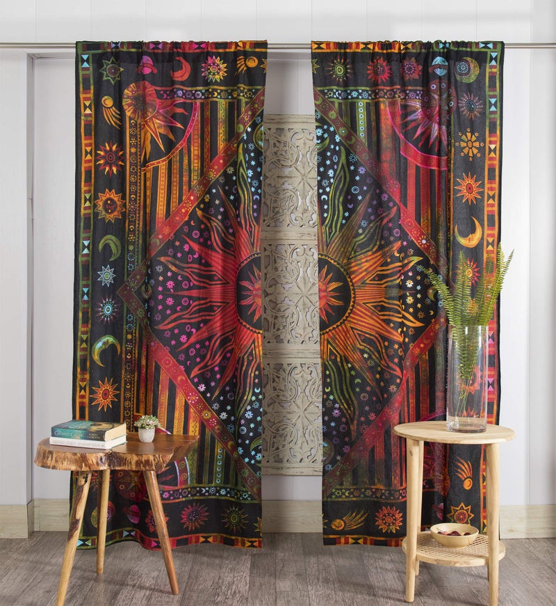 Popular Handicrafts Popular Handicrafts Indian Burning Sun Hippie Mandala Window Curtains  Gypsy Tye Dye Bohemian Sun Moon Beautiful Drapery Bedroom Living Room Balcony Valance Panels Golden 