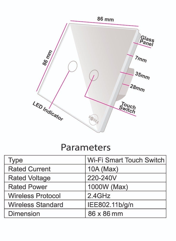 SASKA Smart Tuya Wifi Touch Light Switch (SJ-A1) Smartlife App Remote Control, Timing Function Voice Control - No Neutral No Hub Needed (4 Gang, White) - Image 3
