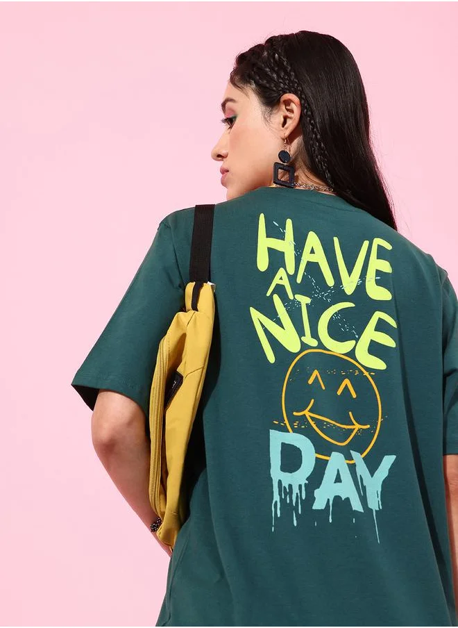 ديلينجر Oversized Back Slogan Print T-Shirt with Short Sleeves