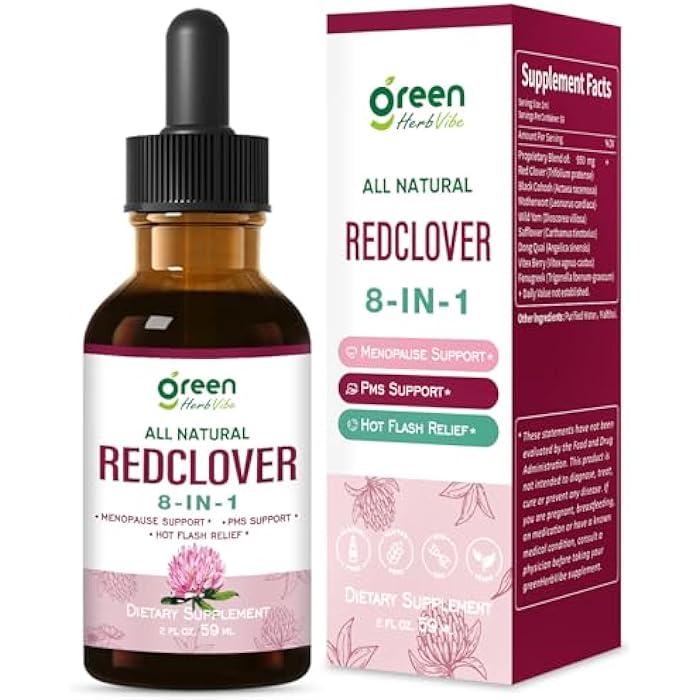 greenHerbVibe Red Clover Herb Extract Drops, Natural Supplement for Women Menopause, PMS Support & Hot Flash Relief, Herbal Complex with Black Cohosh Motherwort and More. 2 oz - Image 1