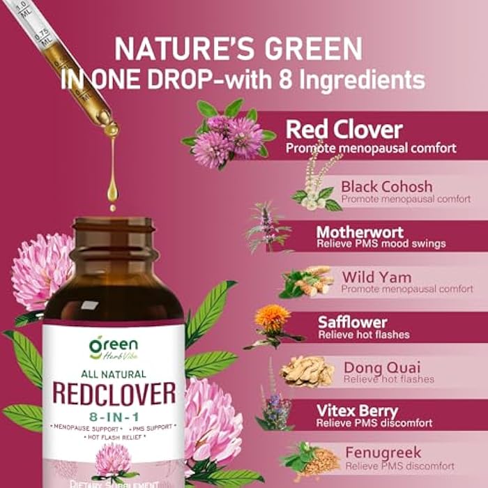 greenHerbVibe Red Clover Herb Extract Drops, Natural Supplement for Women Menopause, PMS Support & Hot Flash Relief, Herbal Complex with Black Cohosh Motherwort and More. 2 oz - Image 3
