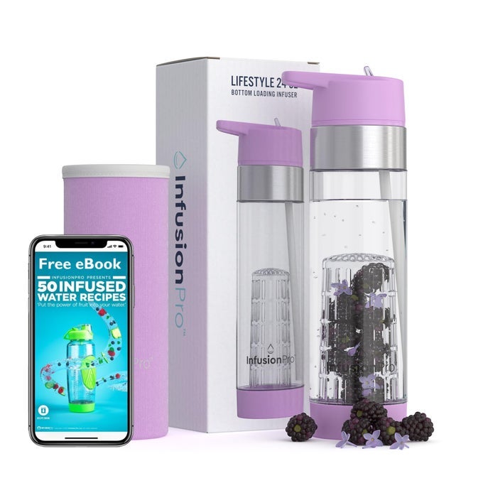 FRUIT INFUSER WATER BOTTLE WITH STRAW LID 24 OZ FLIPUP STRAW INSULATED SLEEVE FRUIT INFUSION WATER EBOOK BOTTOM LOADING INFUSER FOR MORE FLAVOR ORCHID