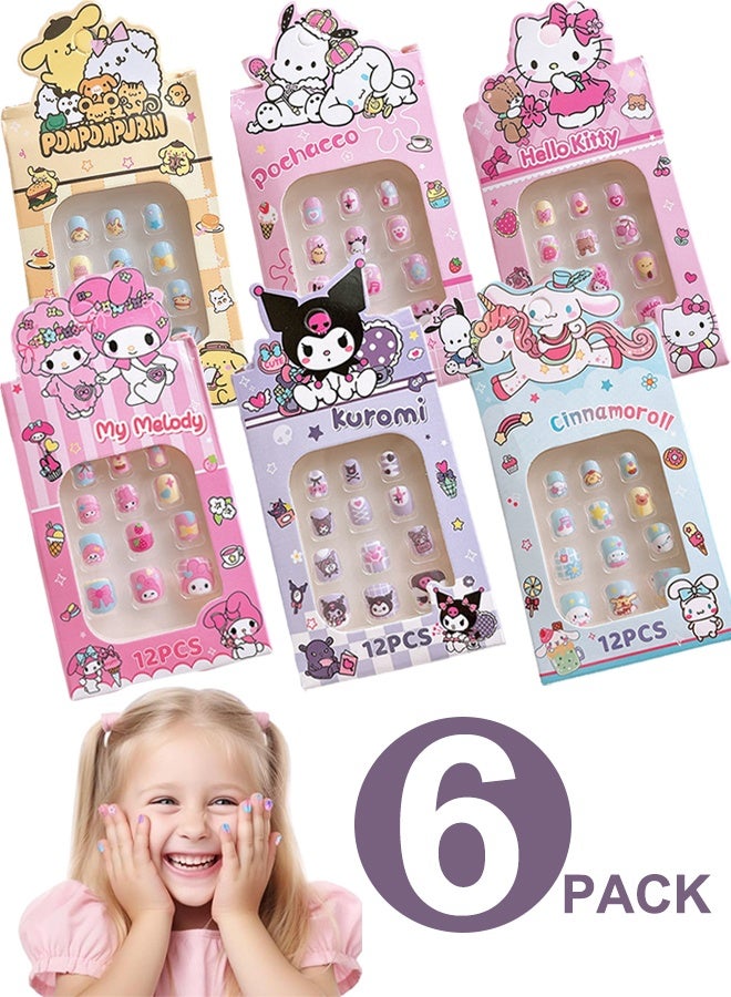 6 Pack Manicure Stickers Press on Nails for Kids Cute Cartoon Fake Nails with Jelly Glue, Short Artificial Nail Art Kit for Girls, Reusable & Safe Nail Extensions for Easy DIY Manicure - Image 1