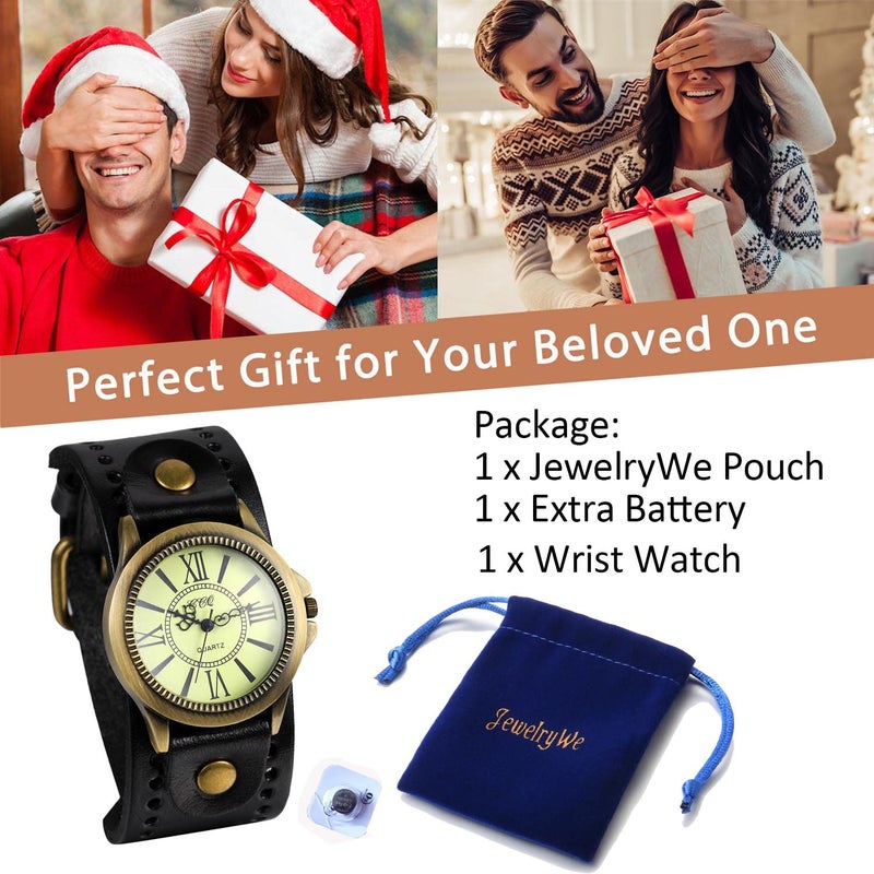 JewelryWe Vintage Leather Strap Wide Band Wristwatch Cuff Quartz Watch for Men Black - Image 3