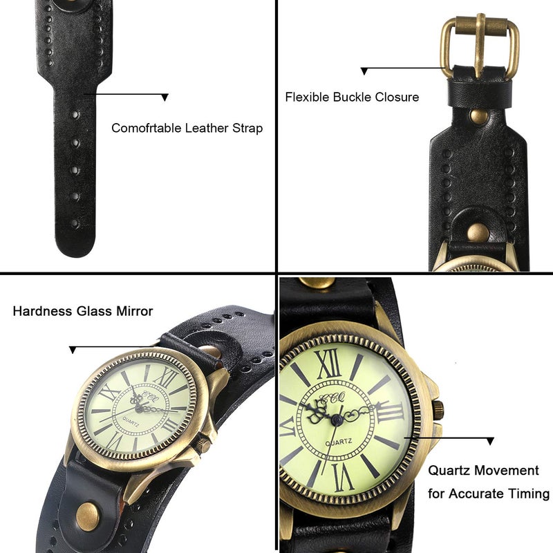 JewelryWe Vintage Leather Strap Wide Band Wristwatch Cuff Quartz Watch for Men Black - Image 5