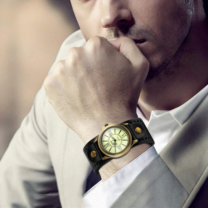 JewelryWe Vintage Leather Strap Wide Band Wristwatch Cuff Quartz Watch for Men Black - Image 2