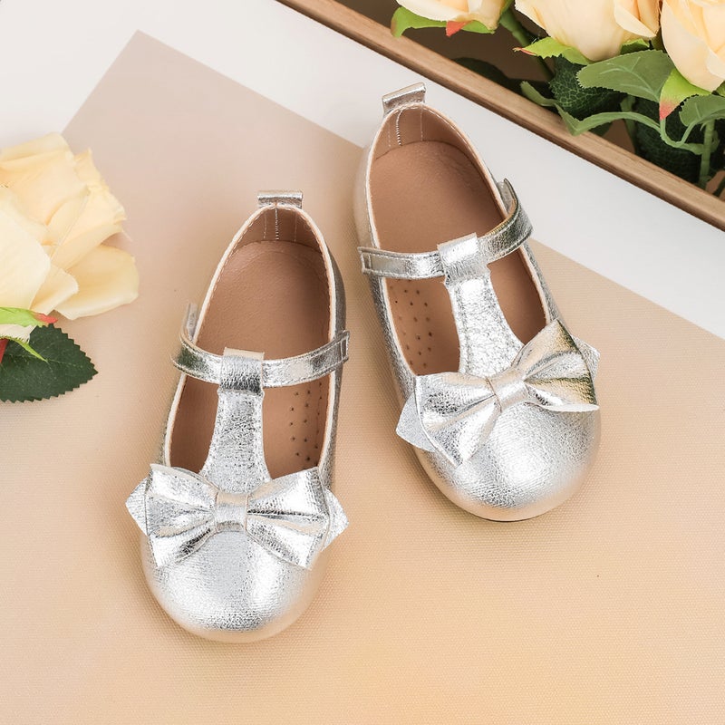 Girls' Shoes With Bow Decoration, Velcro Casual Flat Shoes, Round-Toe Performance Student Children'S Single Shoes - Image 3