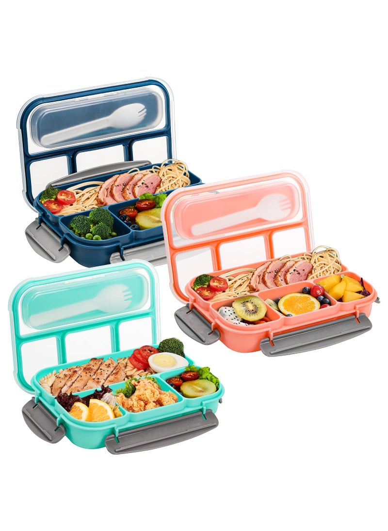 Okllen Okllen 3 Pack Bento Lunch Boxes with Spoon and 4 Compartment Plastic Meal Prep Containers with Lids Leakproof Food Storage Snack Container for Adults Work Home 3 Colors 