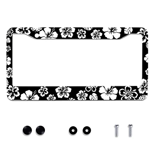 Omw2fyb White Hibiscus Hawaii Flowers License Plate Frames Floral Round Hole Personalise License Plate Frame Car Universal Accessories Stainless steel Cars Decor Fits Standard US Vehicles Size 12.2 x 6 Inches - Image 1