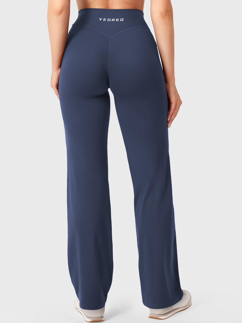 YEOREO Straight Leggings with Pockets for Women No Front Seam Workout Leggings High Waist Wide Leg Yoga Pants - 29" Navy S - Image 4