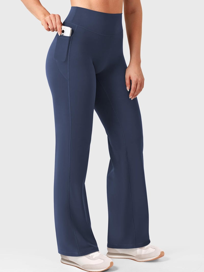 YEOREO Straight Leggings with Pockets for Women No Front Seam Workout Leggings High Waist Wide Leg Yoga Pants - 29" Navy S - Image 5