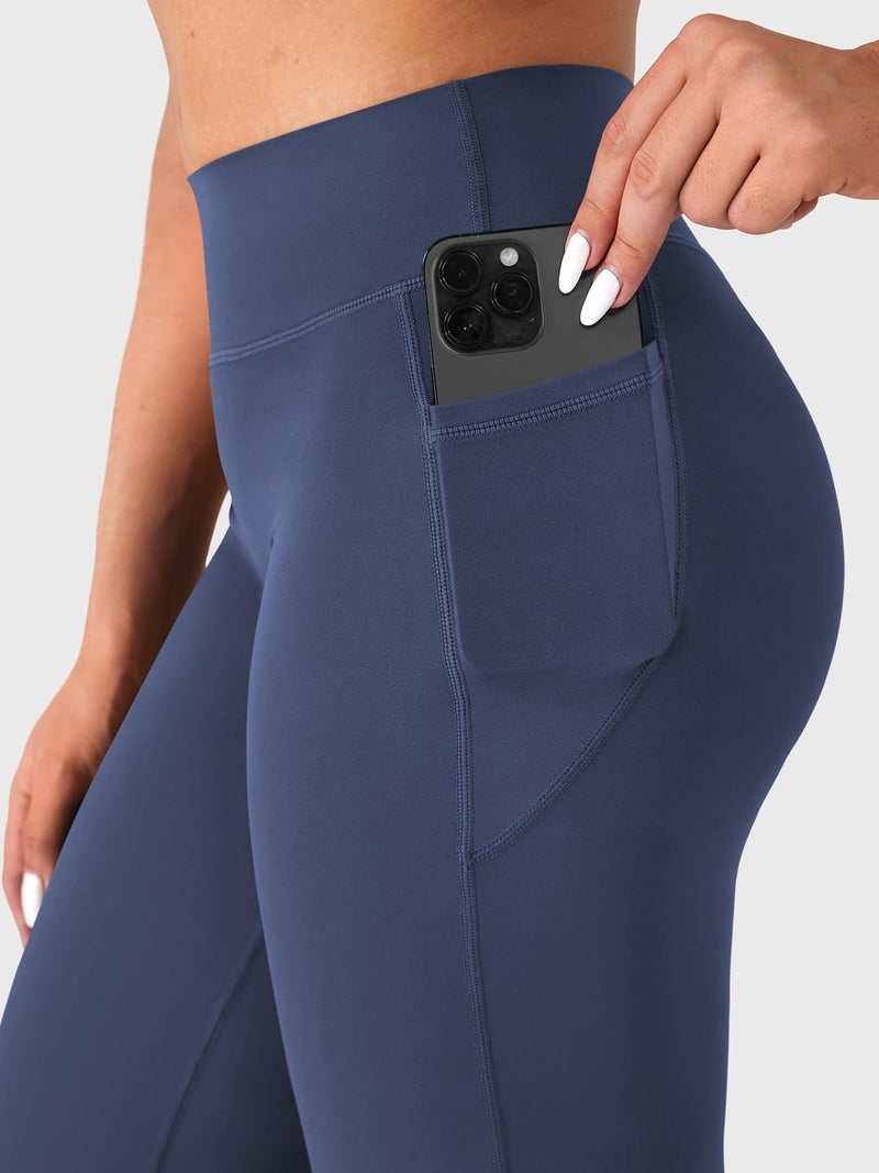 YEOREO Straight Leggings with Pockets for Women No Front Seam Workout Leggings High Waist Wide Leg Yoga Pants - 29" Navy S - Image 3