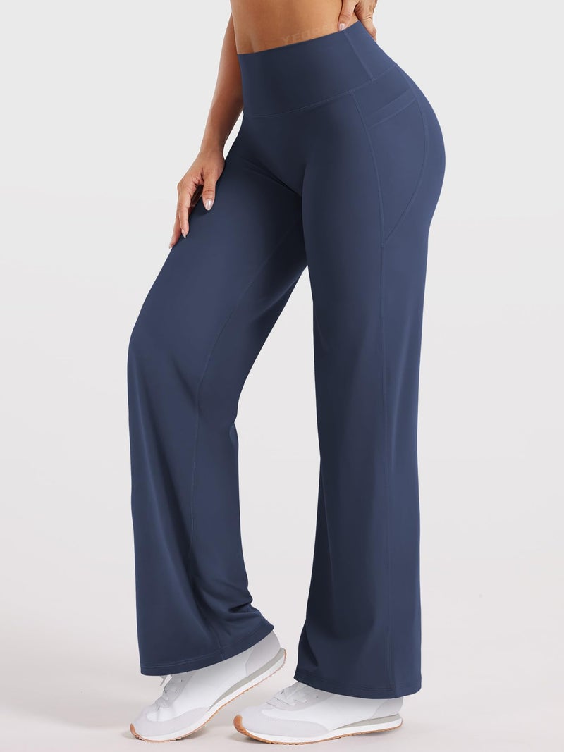YEOREO Straight Leggings with Pockets for Women No Front Seam Workout Leggings High Waist Wide Leg Yoga Pants - 29" Navy S - Image 2