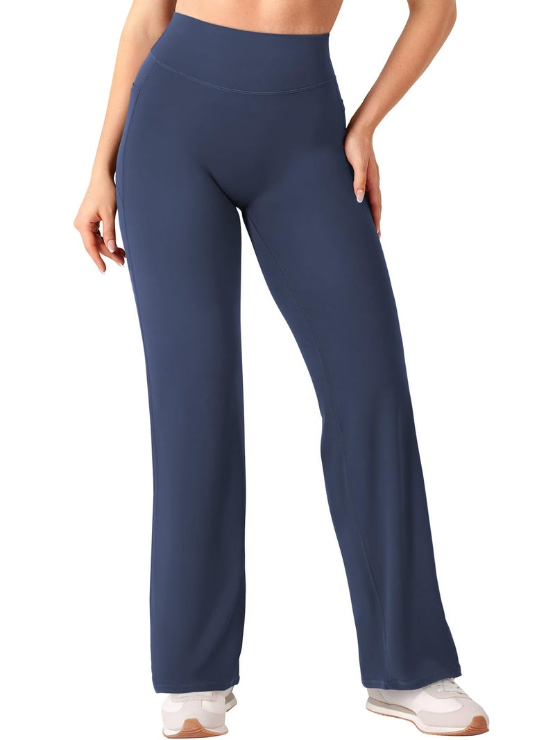 YEOREO Straight Leggings with Pockets for Women No Front Seam Workout Leggings High Waist Wide Leg Yoga Pants - 29" Navy S - Image 1