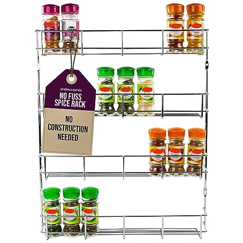 andrew james Wall Mounted Spice Rack  No Assembly Needed  Chrome Hanging Spice Shelf for Inside Cupboard Door or Wall  Kitchen Cupboard Organiser  Spice Storage Rack with Fixings  Holds 32 Jars