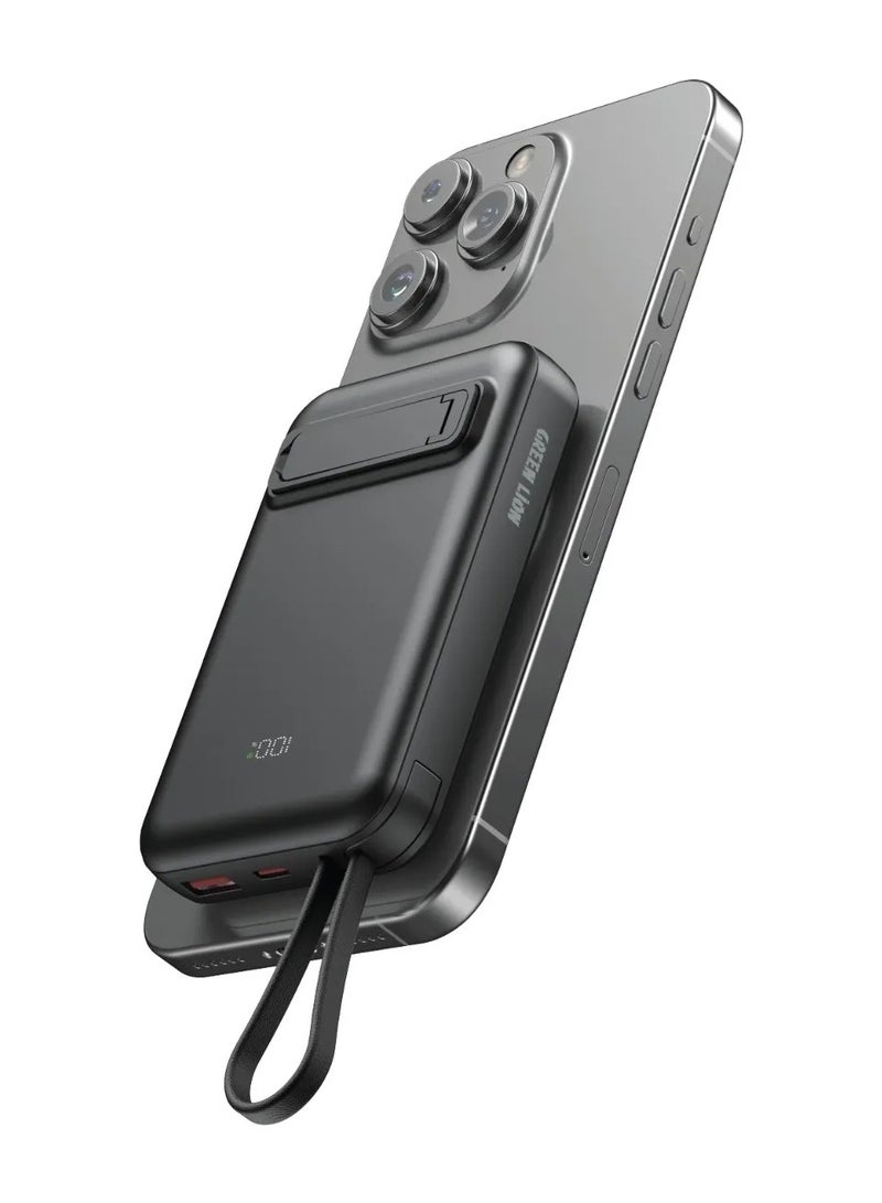 GREEN LION DXB MagSafe 10000 mAh PD 20W Power Bank / 22.5W Fast Charger Powerbank 10000mAh Pocket Size/ 15W Wireless Fast Charging / Short Circuit Protection / Built in Cables / Digital Display / ABS + Electroplated Lens Material - Black - Image 1