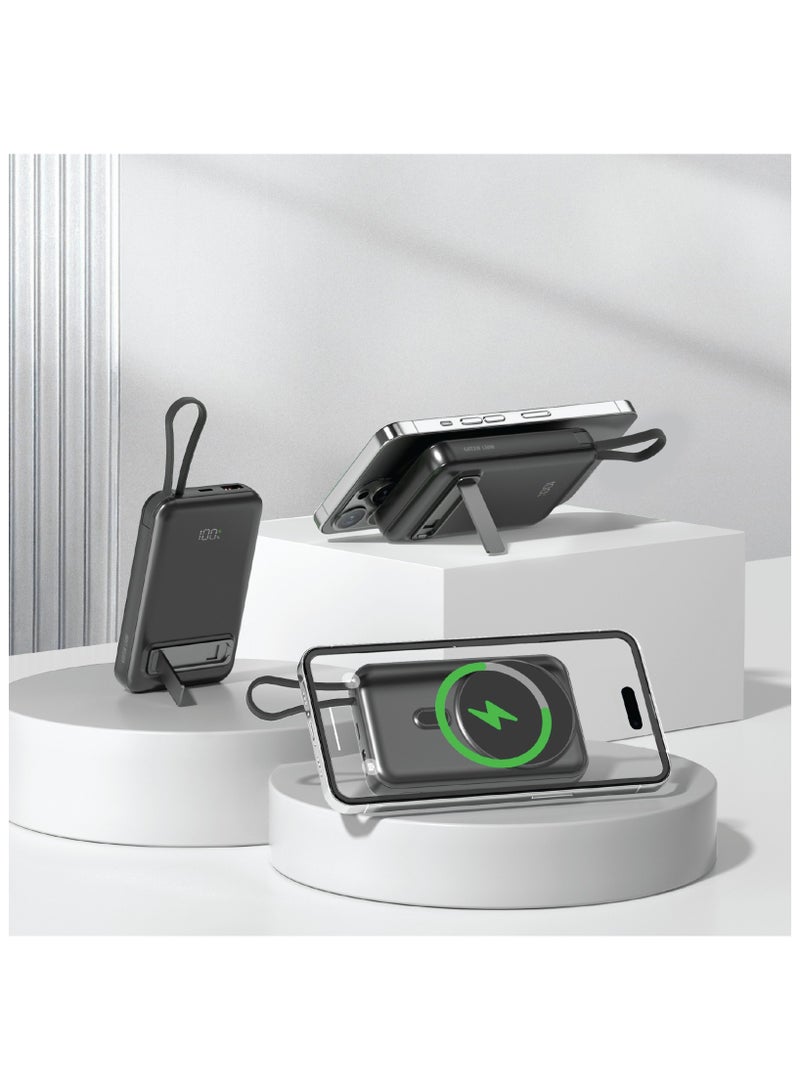 GREEN LION DXB MagSafe 10000 mAh PD 20W Power Bank / 22.5W Fast Charger Powerbank 10000mAh Pocket Size/ 15W Wireless Fast Charging / Short Circuit Protection / Built in Cables / Digital Display / ABS + Electroplated Lens Material - Black - Image 2