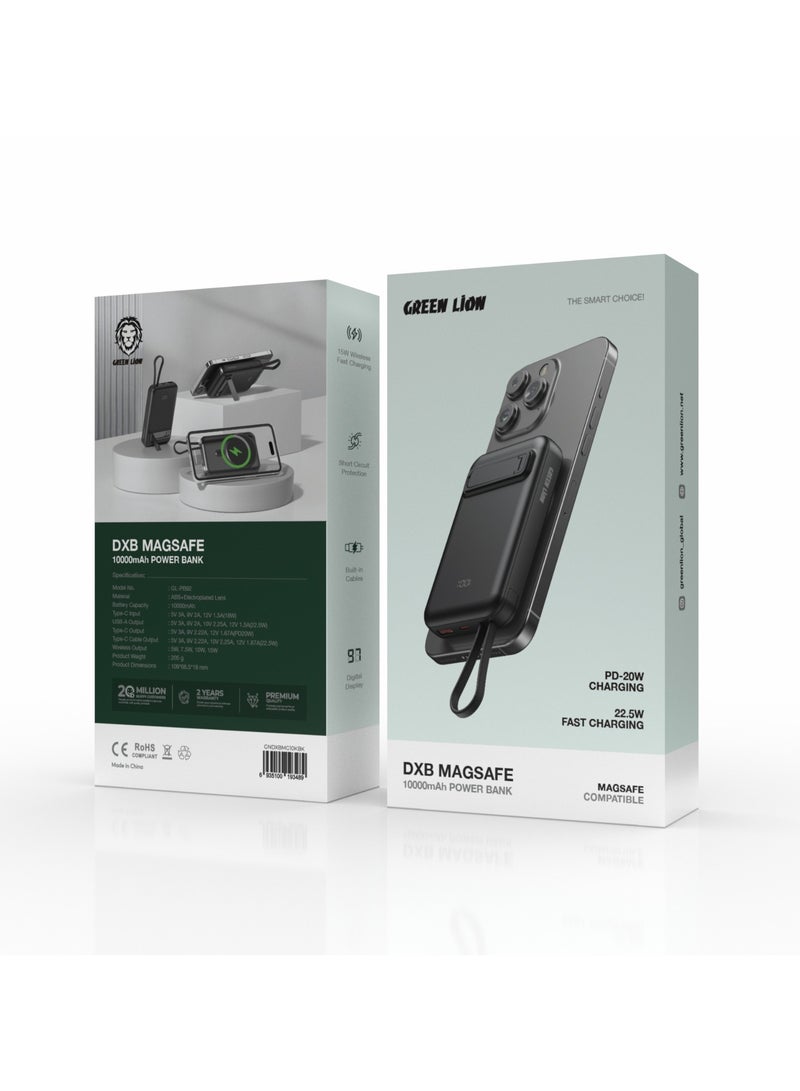 GREEN LION DXB MagSafe 10000 mAh PD 20W Power Bank / 22.5W Fast Charger Powerbank 10000mAh Pocket Size/ 15W Wireless Fast Charging / Short Circuit Protection / Built in Cables / Digital Display / ABS + Electroplated Lens Material - Black - Image 3