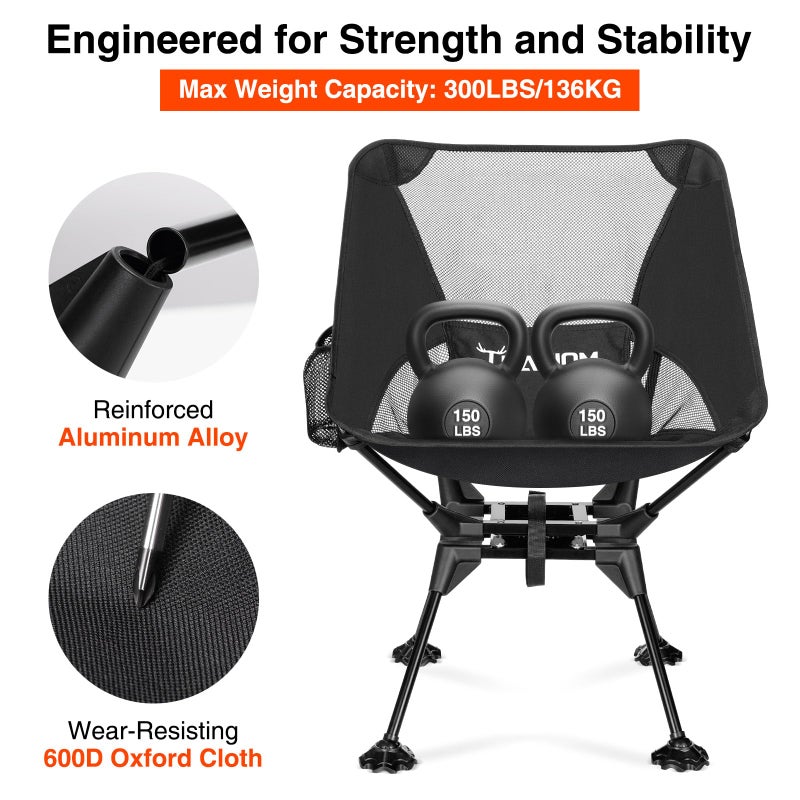 Trakiom 360Â° Swivel Folding Camping Chairs, Compact and Portable Chair for Outdoor Camp, Foldable Chairs with Anti-Sinking Large Feet for Travel, Beach, Picnic, Sports, Fishing Support 300 LBS(Black) - Image 4