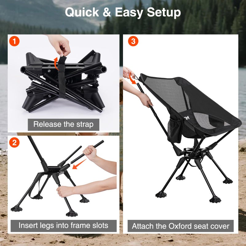Trakiom 360Â° Swivel Folding Camping Chairs, Compact and Portable Chair for Outdoor Camp, Foldable Chairs with Anti-Sinking Large Feet for Travel, Beach, Picnic, Sports, Fishing Support 300 LBS(Black) - Image 5