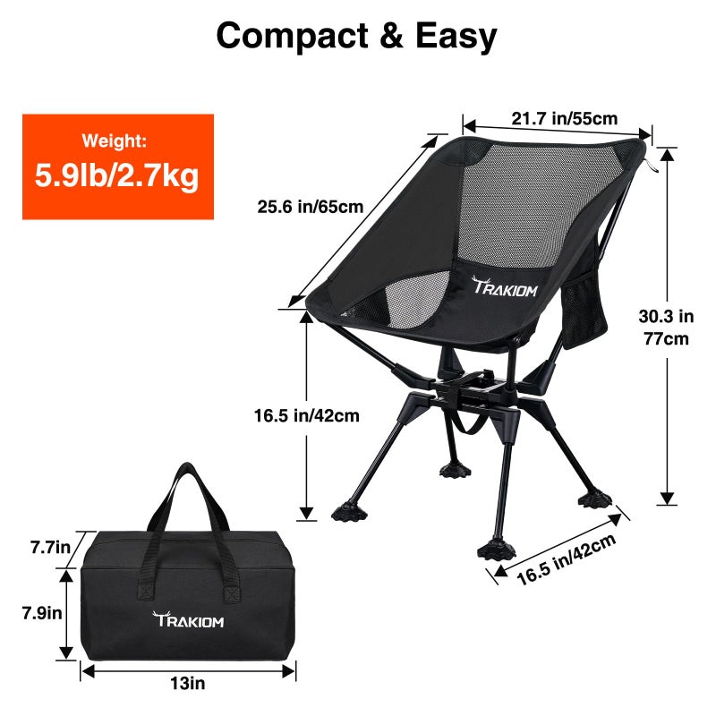 Trakiom 360Â° Swivel Folding Camping Chairs, Compact and Portable Chair for Outdoor Camp, Foldable Chairs with Anti-Sinking Large Feet for Travel, Beach, Picnic, Sports, Fishing Support 300 LBS(Black) - Image 3