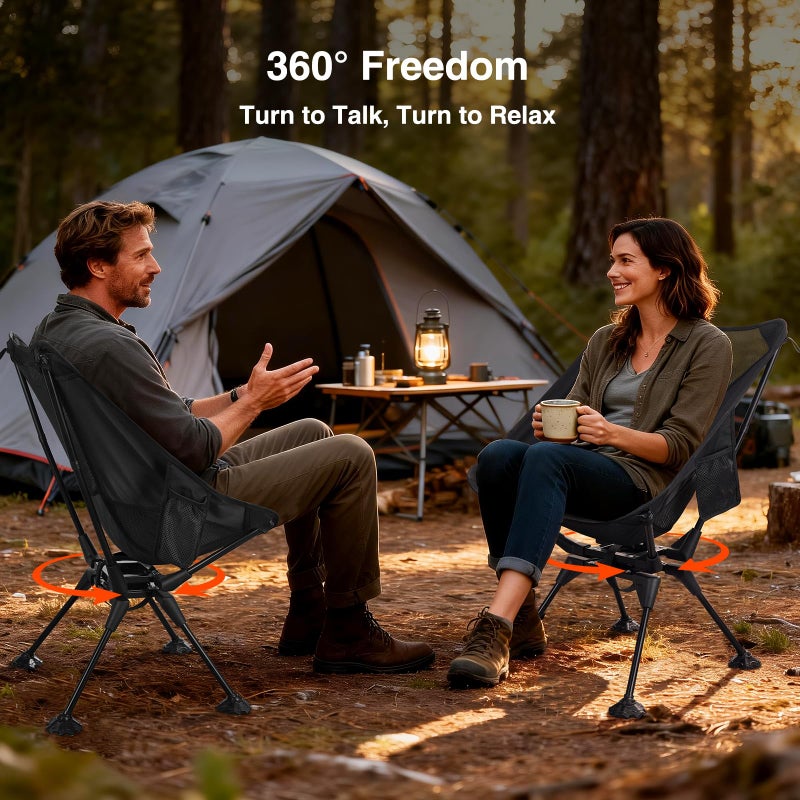 Trakiom 360Â° Swivel Folding Camping Chairs, Compact and Portable Chair for Outdoor Camp, Foldable Chairs with Anti-Sinking Large Feet for Travel, Beach, Picnic, Sports, Fishing Support 300 LBS(Black) - Image 2
