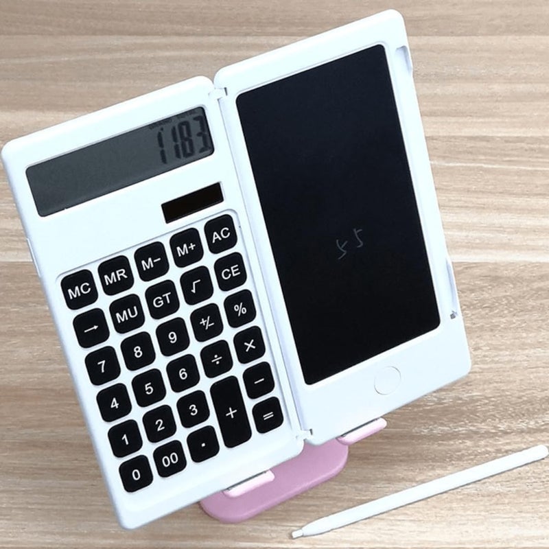Desk Calculator, Desktop Small Calcu with Writing Notepad, 2 way energy - battery and solar energy Math Large Button Calculator, School Supplies for Kids, Middle/High School Students (White)