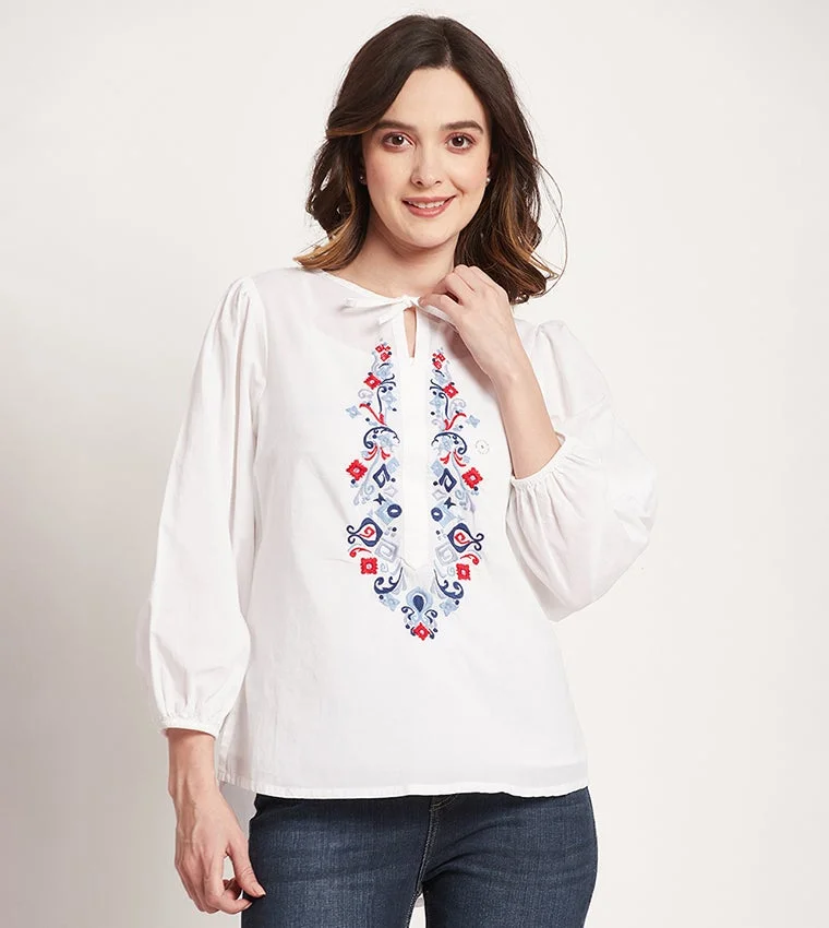 Beverly Hills Polo Club White Embroidered Regular Fit Top