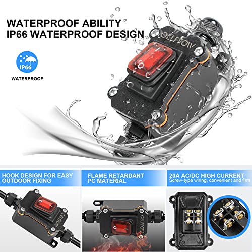 OELFFOW Waterproof On Off Toggle Switch Double Outlet with Red Light Rocker Button Inline Cord Switch DPST AC/DC 20A-125V,16A-250V,30A-24V,35A-12V, IP66 - Image 3