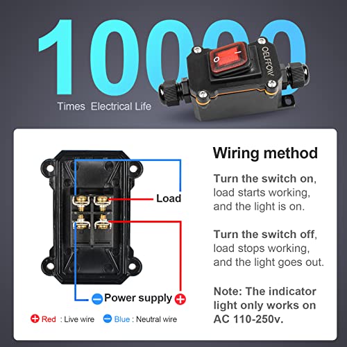 OELFFOW Waterproof On Off Toggle Switch Double Outlet with Red Light Rocker Button Inline Cord Switch DPST AC/DC 20A-125V,16A-250V,30A-24V,35A-12V, IP66 - Image 5