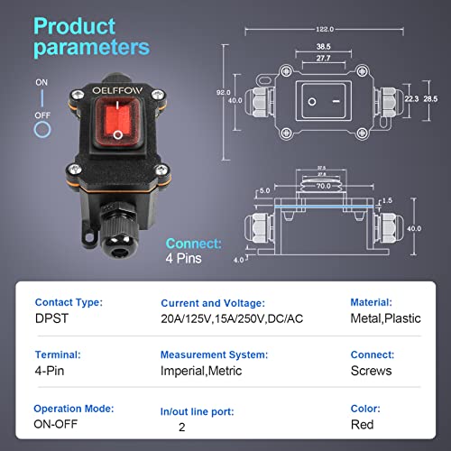 OELFFOW Waterproof On Off Toggle Switch Double Outlet with Red Light Rocker Button Inline Cord Switch DPST AC/DC 20A-125V,16A-250V,30A-24V,35A-12V, IP66 - Image 2