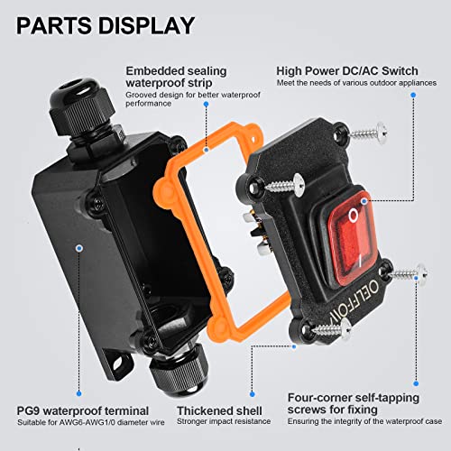 OELFFOW Waterproof On Off Toggle Switch Double Outlet with Red Light Rocker Button Inline Cord Switch DPST AC/DC 20A-125V,16A-250V,30A-24V,35A-12V, IP66 - Image 4