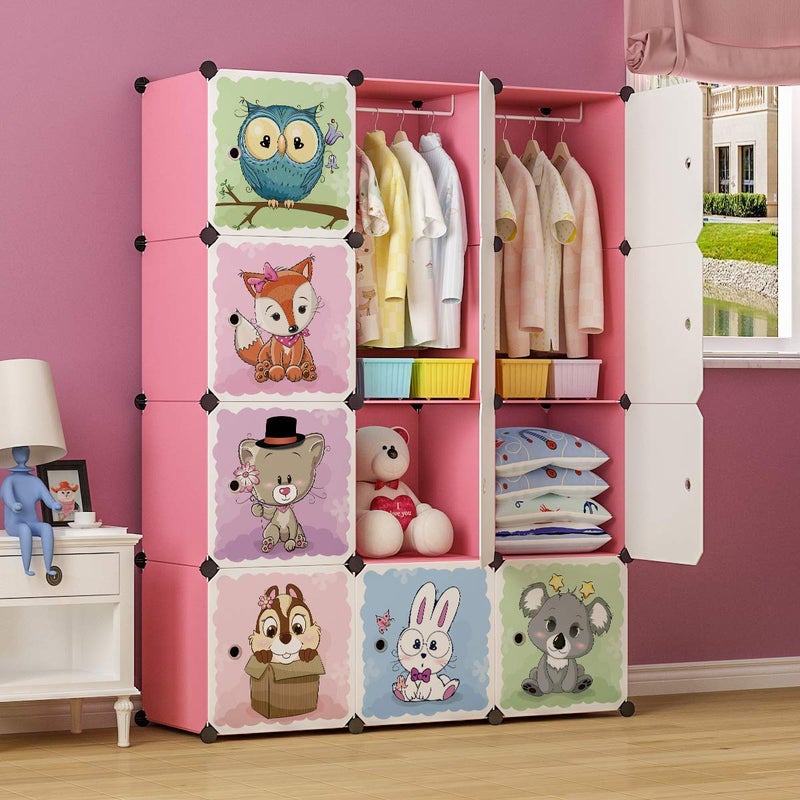 BRIAN  DANY Cartoon Clothes Closet Wardrobe DIY Modular Storage Organizer Sturdy and Safe for Children 8 Cubes  2 Hanging Sections Pink 110 x 47 x 147 cm