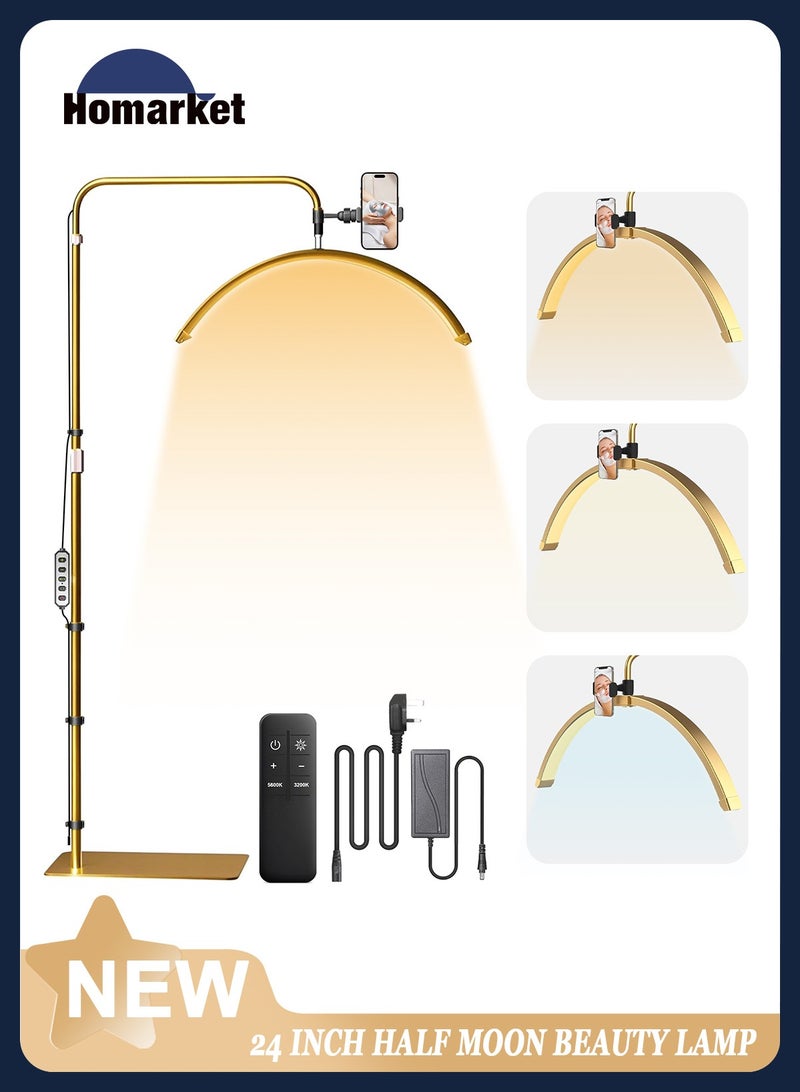 هومار كيت مصباح أرضي LED على شكل نصف قمر لتمديد الرموش والوشم وخبراء التجميل والمكاتب وغرف المعيشة والعمل والجمال والعناية بالبشرة والرموش والحواجب والقراءة - ضوء بارد/دافئ، ارتفاع وزاوية قابلان للتعديل، مع حامل هاتف ذهبي  - Image 1