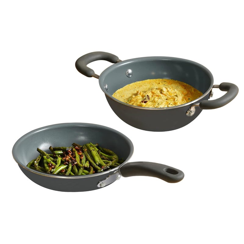 Meyer Anzen Healthy Ceramic Coated Cookware Frypan, 20cm with Kadai, 20cm with Interchangeable Lid, 20cm, Grey, 3-Piece Set - Image 1