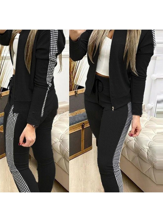 amropi Women's 2 Piece Tracksuit Sweatsuits Sets Hoodie Sweatshirt and Jogging Sweatpants Suit, Black Plaid, XL - Image 2