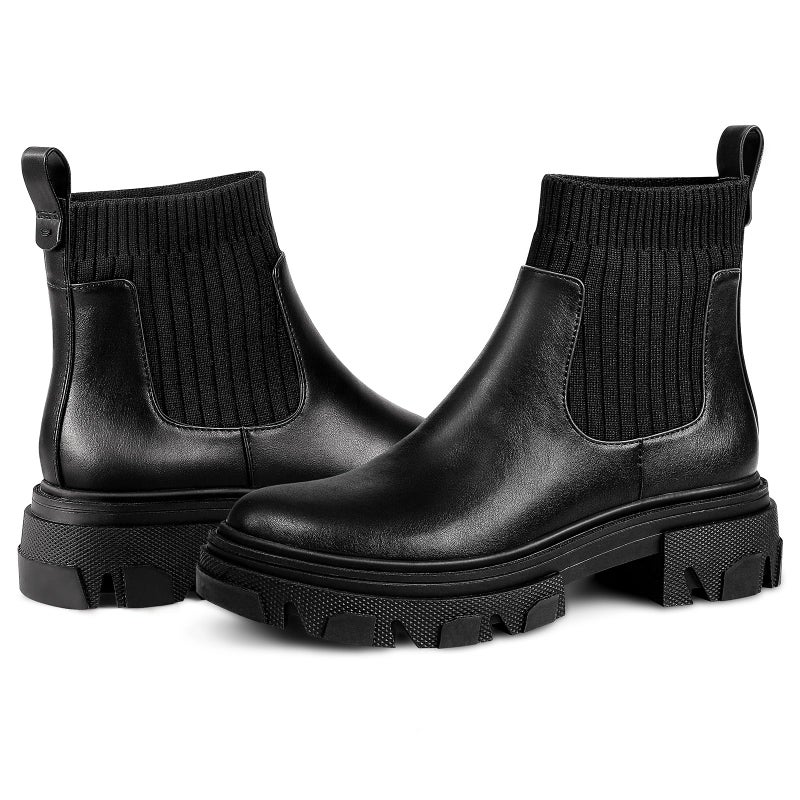 PIZZ ANNU Women's ClEARY Fashion Chelsea Boots Platform Lug Sole Combat Casual Elastic Chunky Heel Slip on Ankle Booties Shoes, Black 6.5 - Image 2