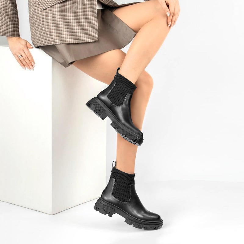 PIZZ ANNU Women's ClEARY Fashion Chelsea Boots Platform Lug Sole Combat Casual Elastic Chunky Heel Slip on Ankle Booties Shoes, Black 6.5 - Image 3