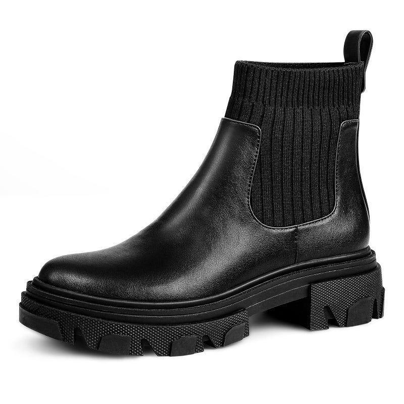PIZZ ANNU Women's ClEARY Fashion Chelsea Boots Platform Lug Sole Combat Casual Elastic Chunky Heel Slip on Ankle Booties Shoes, Black 6.5 - Image 1