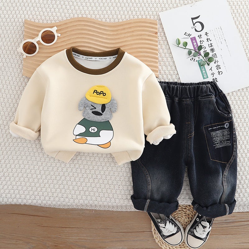 2025 New Boys And Girls Casual Crewneck Sweatshirt Two-Piece Baby Handsome Jeans Baby Clothes Trendy - Image 1