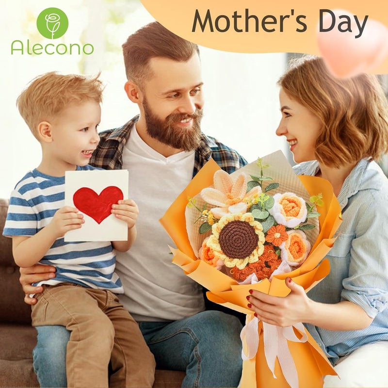 Alecono باقة زهور الكروشيه من أليكونو، زهور محبوكة، زهرة عباد الشمس الصناعية، توليب كروشيه، ورود كهدية لعيد الحب، الذكرى السنوية، التخرج (برتقالي) - Image 3