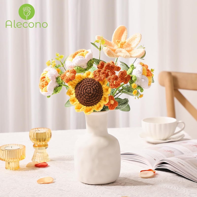 Alecono باقة زهور الكروشيه من أليكونو، زهور محبوكة، زهرة عباد الشمس الصناعية، توليب كروشيه، ورود كهدية لعيد الحب، الذكرى السنوية، التخرج (برتقالي) - Image 4