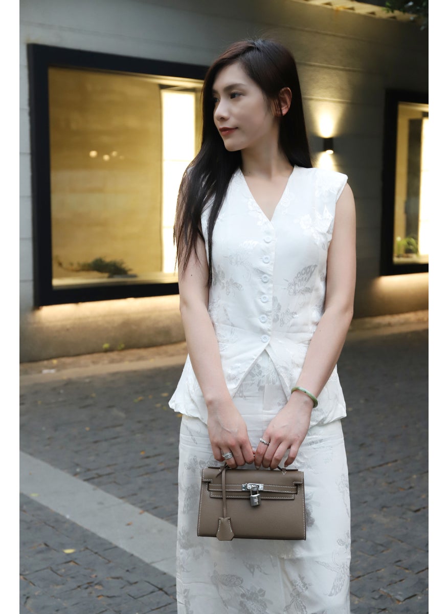 Generic - Genuine Leather Small Square Handbag Womens 2025 High-End Sense One Generation Palm Print Kelly Bag Handheld Crossbody Bag deep khakis - Image 1