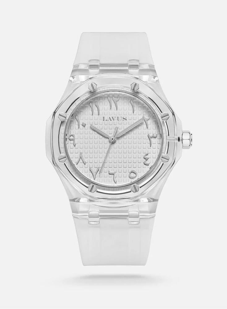 Men's transparent watch with a white rubber strap